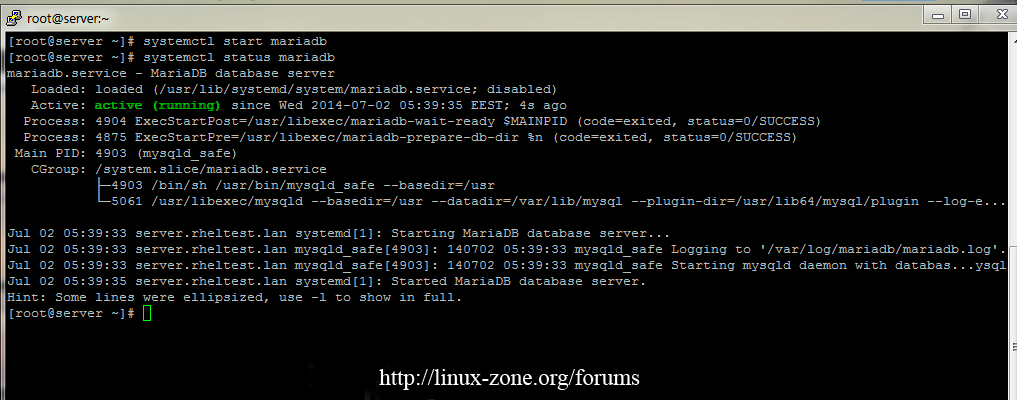 برای بزرگتر شدن عکس روی آن کلیک کنید  نام:	Start-MariaDB-in-CentOS-7.png نمایش ها:	1 اندازه:	57.5 KB شناسه:	20444