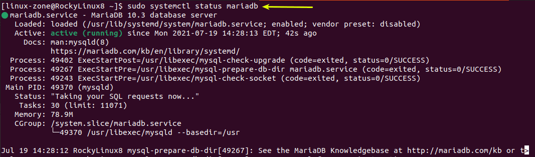 بررسی وضعیت سرویس mariadb در rocky linux