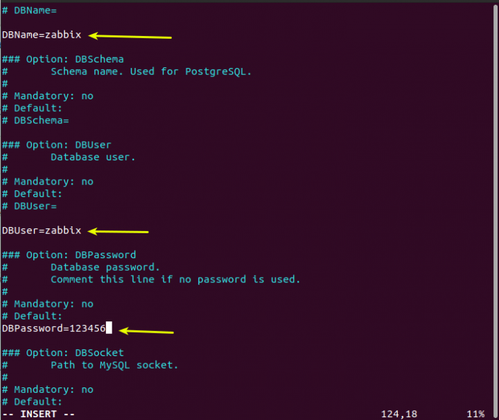تعریف یوزر و پسورد و نام دیتابیس در zabbix 5