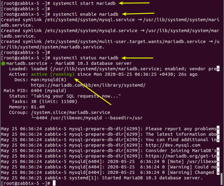 چک کردن وضعیت دیتابیس mariadb در zabbix 5