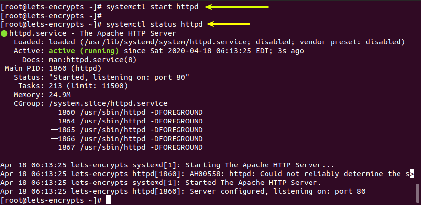 برسی وضعیت سرویس httpd در centos 8
