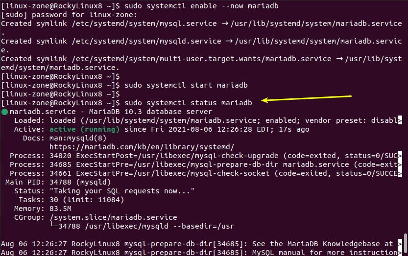 بررسی وضعیت سرویس دیتابیس MariaDB در Rocky Linux