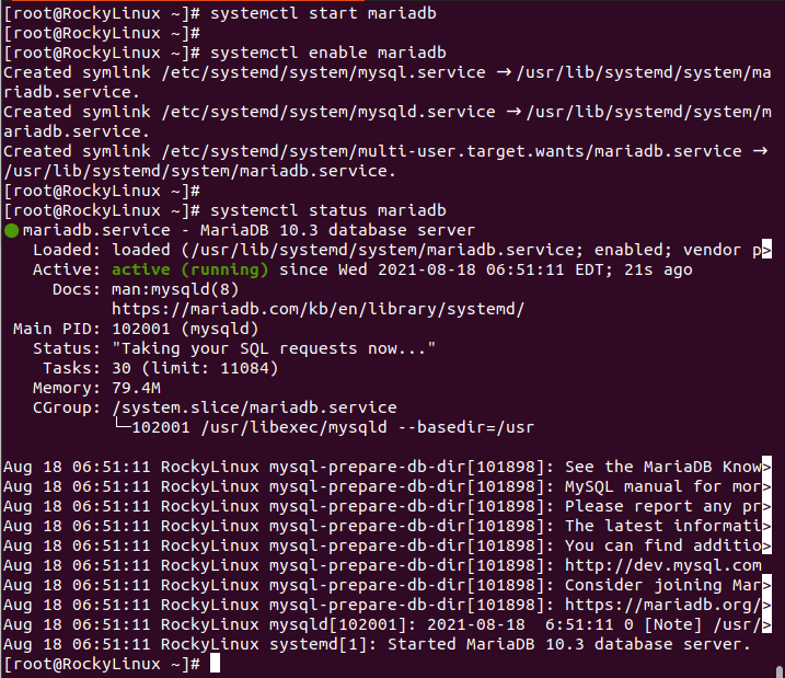 بررسی وضعیت سرویس mariadb