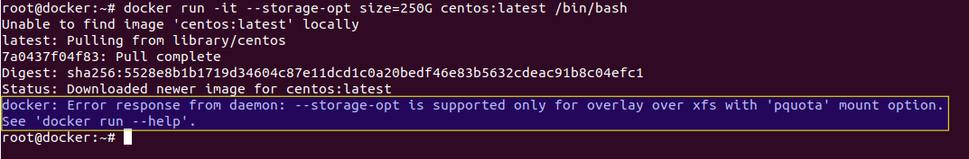 docker Error storage-opt is supported only for overlay over xfs with pquota