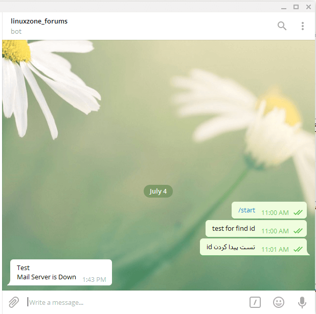 برای دیدن سایز بزرگ روی عکس کلیک کنید  نام: telegram send message to bot for test linux-zone.org.png مشاهده: 1 حجم: 77.4 کیلو بایت