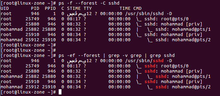 نمایش درختی process ها در linux