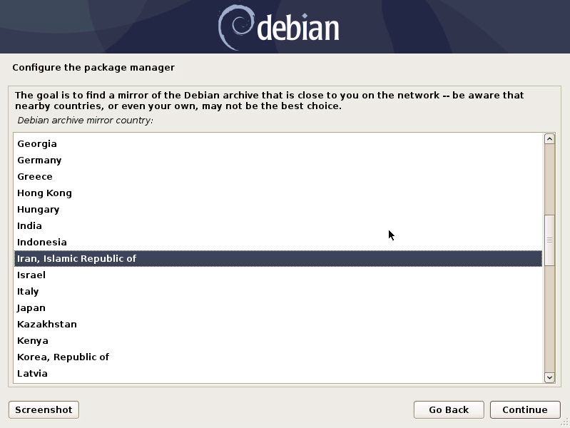 برای بزرگتر شدن عکس روی آن کلیک کنید  نام:	debian-10-select-archive-mirror-country-30.png نمایش ها:	0 اندازه:	136.6 KB شناسه:	26743