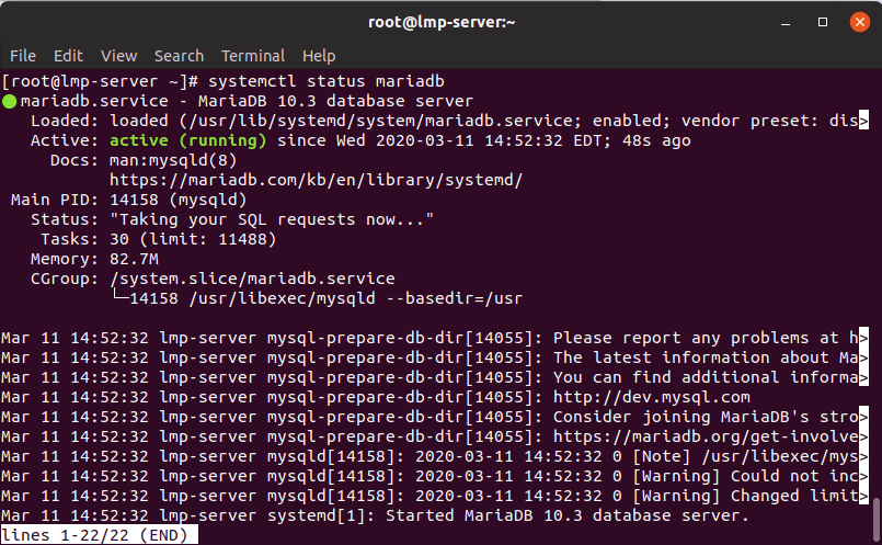 چک کردن وضعیت سرویس mariadb در centos 8