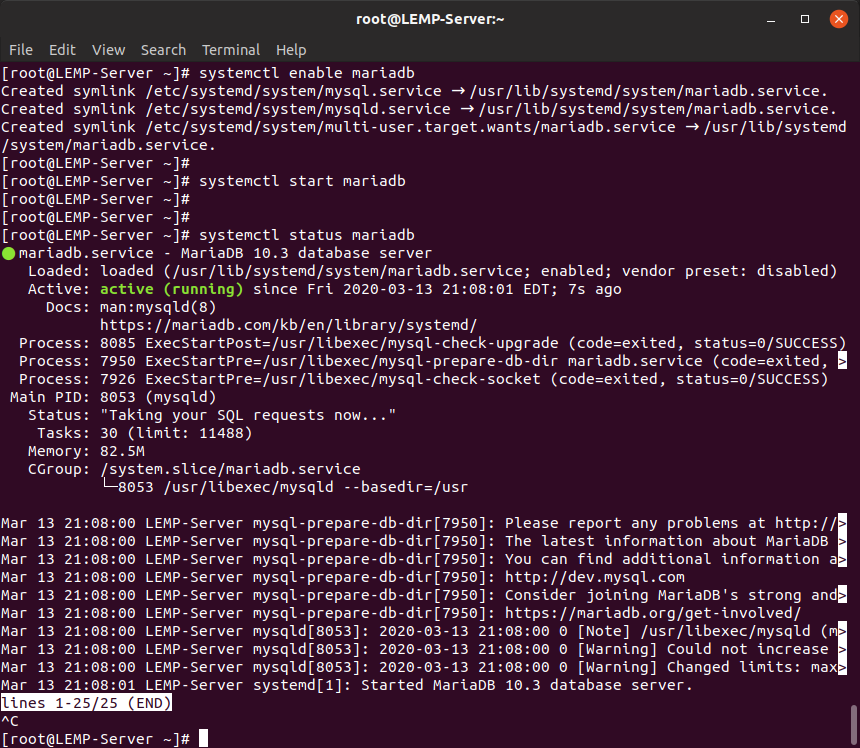 بررسی وضعیت دیتابیس mariadb در centos 8