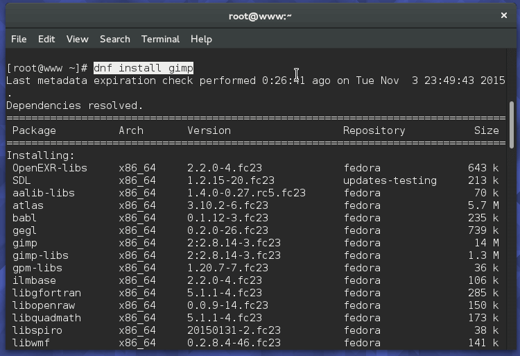 Click image for larger version  Name:	Install-GIMP-in-Fedora-23.png Views:	1 Size:	18.9 KB ID:	20614